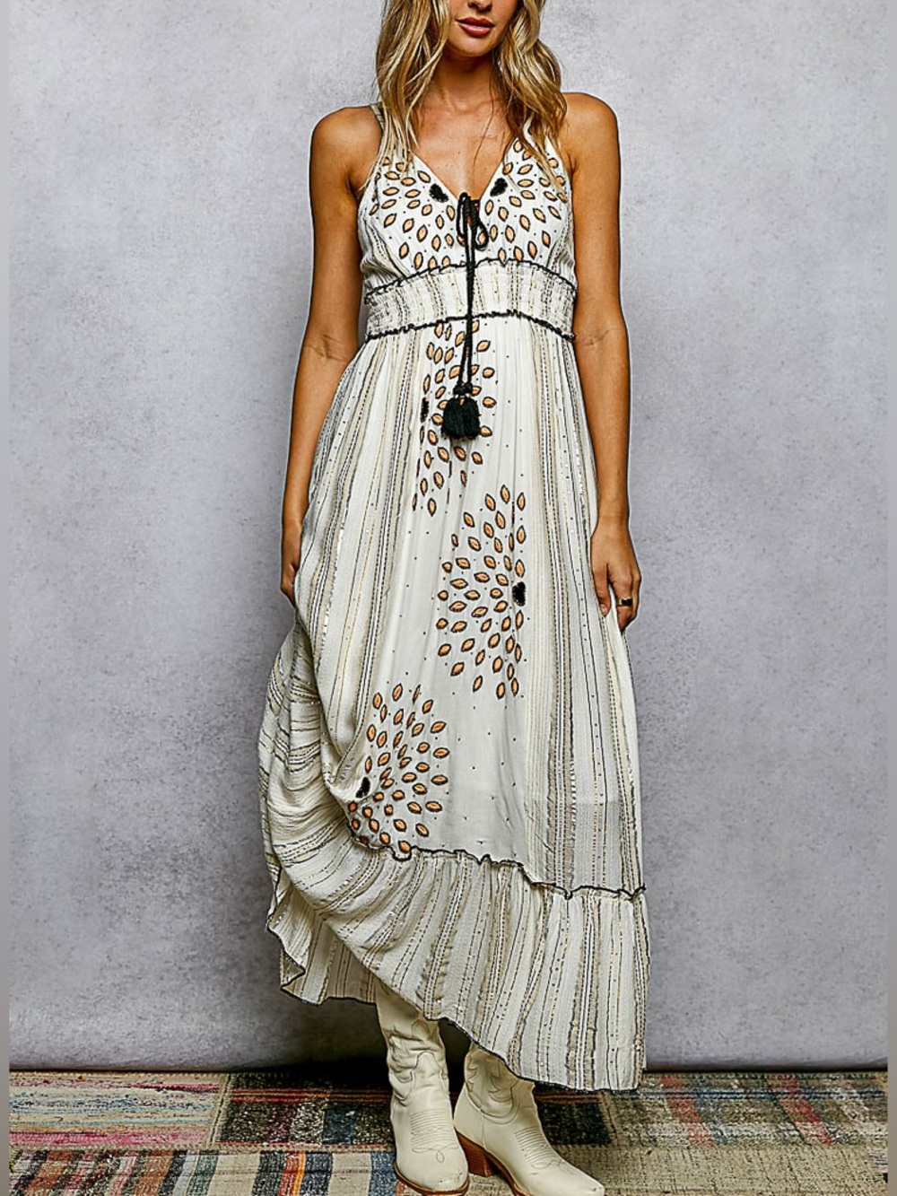 Deep V-Neck Tassel Ruffle Embroidered
Trim Maxi Dress